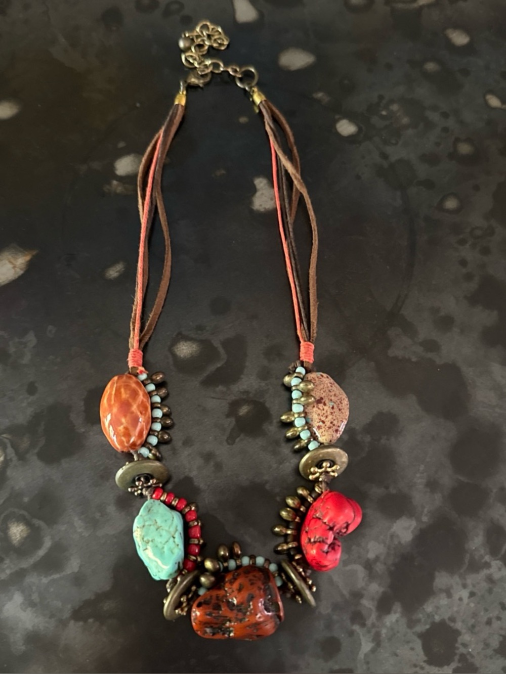 Bohemian Multistone Statement Necklace - Brown, Turquoise Chunks, Red, Ceramic